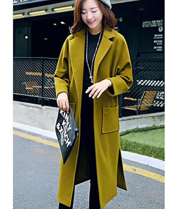 Women's Casual/Daily Simple CoatSolid V Neck Long Sleeve Fall / Winter Green / Gold Wool Medium