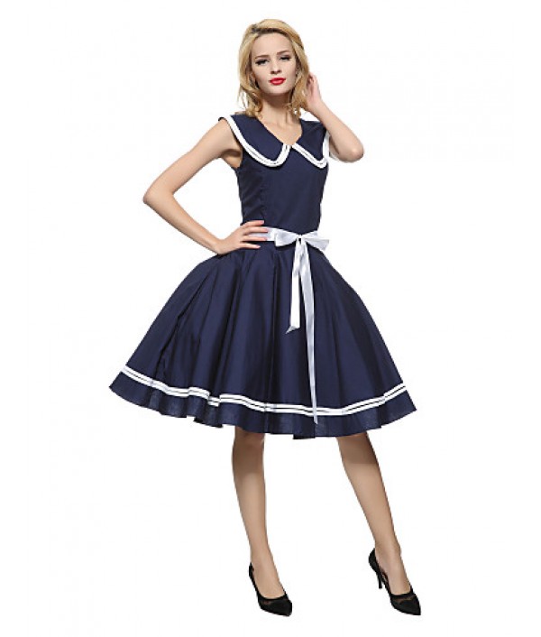 Women's 50s Vintage Nautical Sailor Rockabilly Hepburn Pinup Business Swing Dress 526