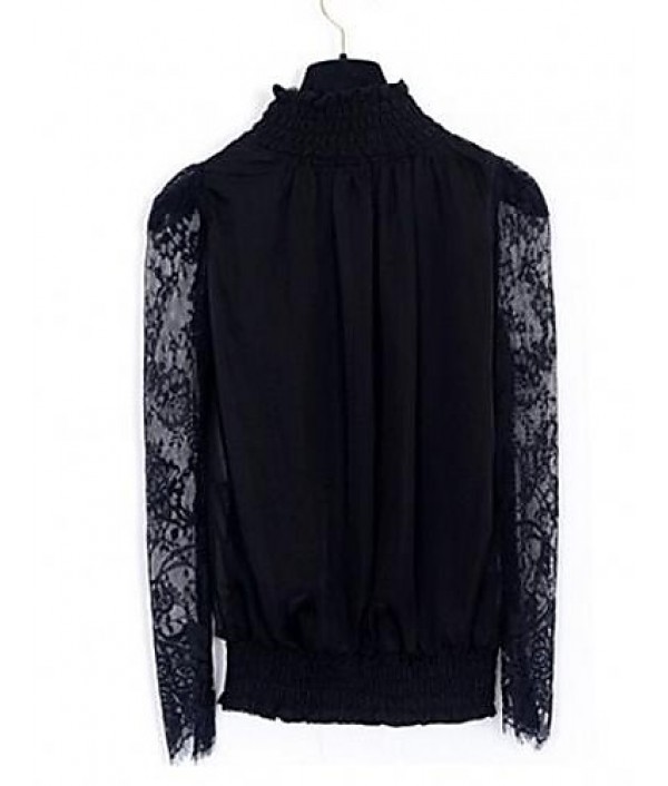Women's Going out Sexy All Seasons Blouse,Solid Stand Long Sleeve Black Medium / Opaque