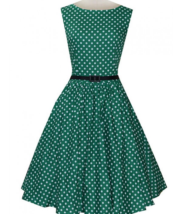 Women's Vintage Slim Polka Dot Printing Sleeveless Dress(With Belt)