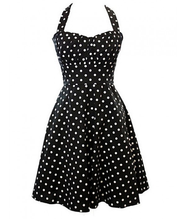 Women's Retro 50s Slim Polka Dot Sleeveless Swing Party Dress