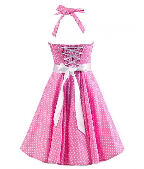 Women's Pink White Mini Polka Dot Dress , Vintage Halter 50s Rockabilly Swing Dress