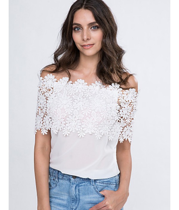 Women's Lace Cutout Off Shoulder Patchwork T-shirt