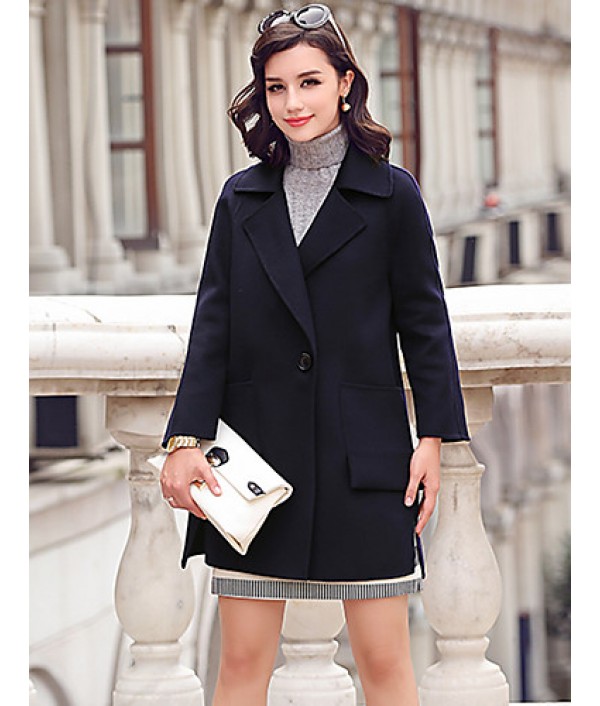 Women's Going out Street chic CoatSolid Notch Lapel Long Sleeve Fall / Winter Blue / Yellow Wool / Polyester Thick