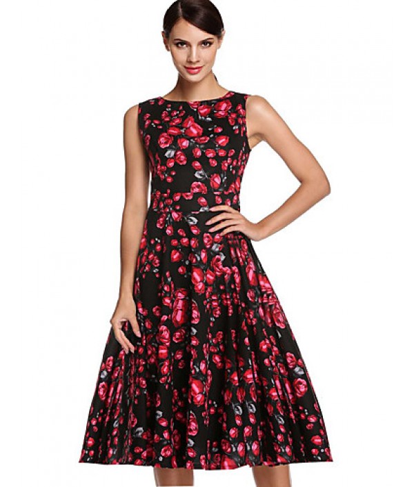Women's Vintage / Simple / Street chic Floral Swing Dress,Round Neck Knee-length Cotton / Polyester